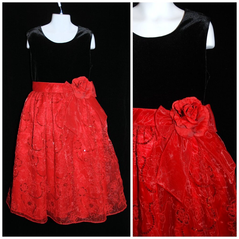 Girls Black Velvet & Red Illusion Fancy Christmas Holiday Dress Size 10 Med